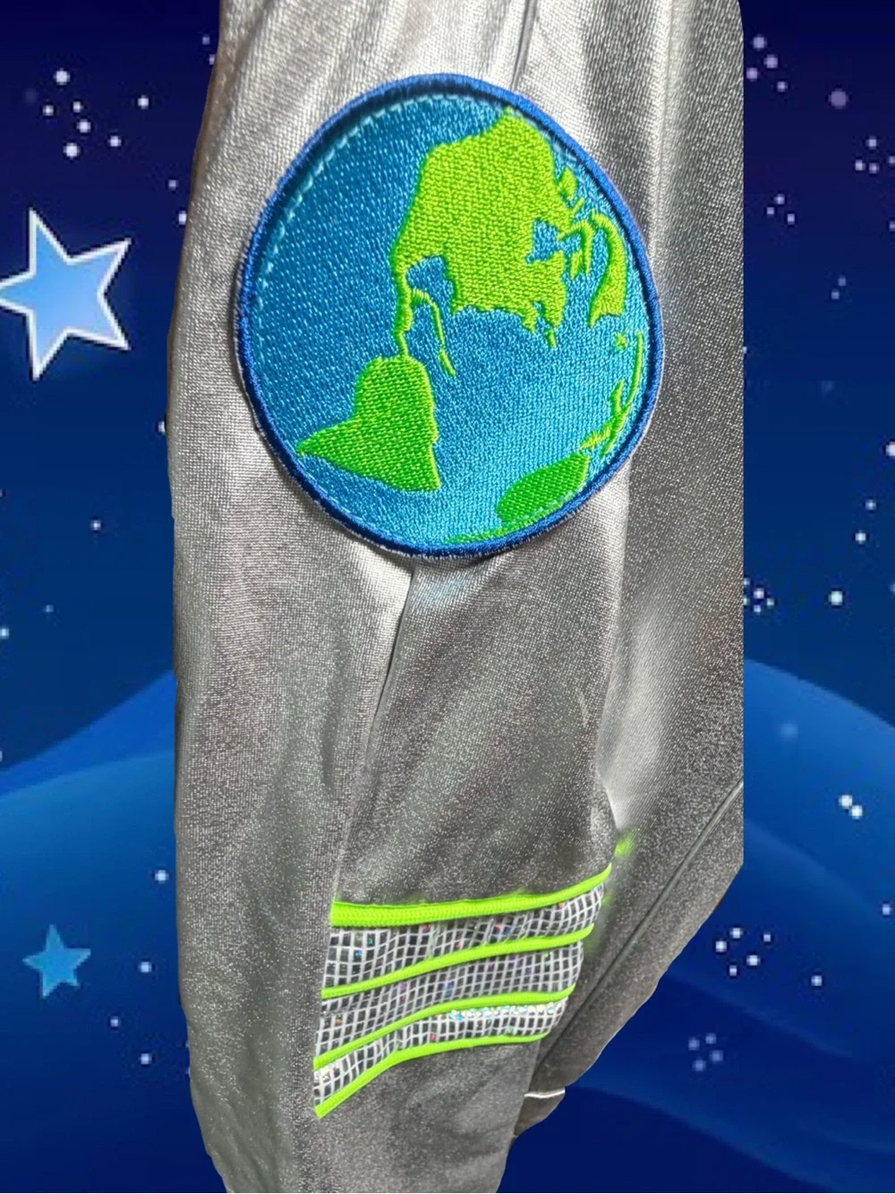 Retired Spirit Silver and Neon Green Kids Galaxy Jumpsuit Costume Child Size Lg